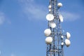 Mobile phone communication antenna tower with satellite dish on blue sky background, Telecommunication tower Royalty Free Stock Photo