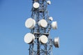 Mobile phone communication antenna tower with satellite dish on blue sky background, Telecommunication tower Royalty Free Stock Photo