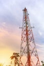 Mobile phone communication and network signal repeater antenna tower with blue sky background. Sun light effect Royalty Free Stock Photo