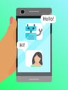 Mobile phone communication poster vector illustration. Chatting with robot banner. Hand of woman holding gadget Royalty Free Stock Photo