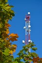 Mobile phone communication radio tv tower, mast, cell microwave antennas and transmitter against the blue sky and trees Royalty Free Stock Photo