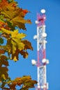 Mobile phone communication radio tv tower, mast, cell microwave antennas and transmitter against the blue sky and trees Royalty Free Stock Photo