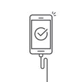 Mobile phone connected wire charger vector illustration, line outline art smartphone with checkmark or tick with success