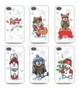 Mobile phone cover back set .Winter funny animals Royalty Free Stock Photo