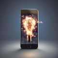 Mobile phone with 3d bulb background. Created with generative AI