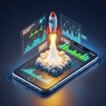 Mobile phone displaying rocket launch with financial graphs Royalty Free Stock Photo