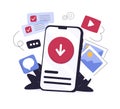 Mobile phone with download data to cloud computing concept for file sharing and data transfer system. Flat download file
