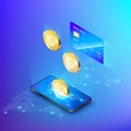 Mobile phone and falling gold coin credit card. concept of banking online or deposit money isometric banner. Global payment