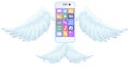 Mobile phone flight on blue wings illustration Royalty Free Stock Photo