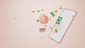 Mobile phone with floating gold coin and paper dollar with piggy bank