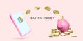 Mobile phone with flying gold coins and piggy bank. Saving money business template. Piggy bank concept of money deposit and Royalty Free Stock Photo