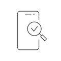 Mobile phone functions and apps line icon. Smartphone specification web searching sign. Vector linear illustration