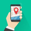 Mobile phone geo location, smartphone gps navigator city map pointer Royalty Free Stock Photo