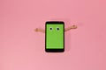 mobile phone with green screen as copy space wants to hug you, creative modern abstract techno wallpaper