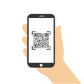 Mobile phone in hand app scan QR code. Online shopping concept.