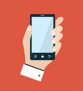 Mobile phone with hand flat illustration