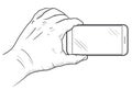 Mobile phone in hand front view. Sketch of hand holding empty smartphone. Vector