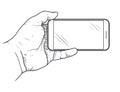 Mobile phone in hand front view. Sketch of hand holding empty smartphone. Vector