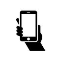 Mobile phone in hand icon. Hand hold smartphone black symbol. Vector illustration EPS 10 Royalty Free Stock Photo