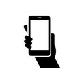 Mobile phone in hand icon. Smartphone and hand symbol isolated on white background. Vector EPS 10 Royalty Free Stock Photo