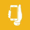 Mobile phone in hand icon on a yellow background - vector illustration Royalty Free Stock Photo