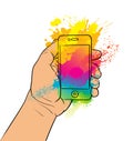 Mobile phone in hand. Clip art illustration