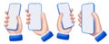 Mobile phone in hand mockup. Cartoon hand holding smartphone with empty screen and blue frame around display, app showcase vector Royalty Free Stock Photo