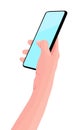 Mobile phone in the hand. Woman holds black smartphone. Finger touching screen. Copy space for your text. Vector illustration, Royalty Free Stock Photo