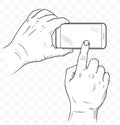 Mobile phone in hands front view. Sketch of hand holding empty smartphone. Vector