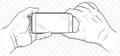 Mobile phone in hands front view. Sketch of hand holding empty smartphone. Vector