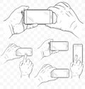 Mobile phone in hands front view. Sketch of hand holding empty smartphone. Vector