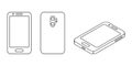 Mobile phone icon in three views. Front, back and isometric view. Screen, camera and buttons smartphone. Vector