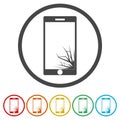 Mobile phone icons set with smashed screen - Illustration Royalty Free Stock Photo