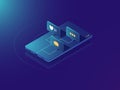 Mobile phone income message notification, social media network concept, comments and like icons, neon isometric Royalty Free Stock Photo