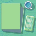 Mobile phone laying on table with messages on the screen. Bright vector illustration with notebook and coffee cup. Image Royalty Free Stock Photo