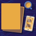Mobile phone laying on table with messages on the screen. Bright vector illustration with notebook and coffee cup. Image Royalty Free Stock Photo