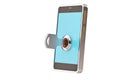 Mobile phone locked with key.3D illustration.