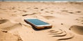 Mobile phone lying on the beach, in the sand, which drafted the wifi sign , concept of Oceanic connectivity, created Royalty Free Stock Photo