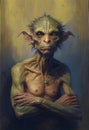 The painting of a troll with arms crossed in a dramatic naturalistic technique by Denis Age. The troll is scowling and visibly Royalty Free Stock Photo