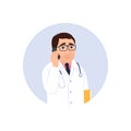 Mobile phone medical consultation circle icon. Telemedicine concept. Male Caucasian doctor prescribes treatment.