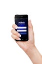 mobile phone with mobile banking log in page holded by hand isolated over white Royalty Free Stock Photo