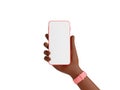 Mobile phone mockup in african american hand 3d render illustration isolated on white background.