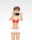 Mobile Phone Mockup With Blank Screen Held by Smiling, Intrigued Jenny - 3D Cartoon Female Character in Swimsuit Bikini