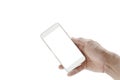 Mobile phone mockup, white screen with man hand holding smartphone and using touching screen isolated on white background, copy Royalty Free Stock Photo