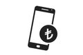 Mobile phone money icon. turkish lira coin on smart phone. nfc and e payment, e wallet