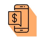 Mobile phone with money notification flat line icon. Online bank message sign