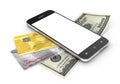 Mobile phone and money on white background. Royalty Free Stock Photo