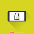mobile phone with open unlock padlock icon. attention access warning alert mark on screen. shield safe secure of personal user aut Royalty Free Stock Photo