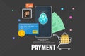 Mobile phone payment icon in flat style. The internet store, online shop, web buying and paying. Smartphone currency Royalty Free Stock Photo