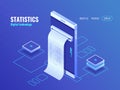 Mobile phone with payroll isometric icon, data on screen of smartphone, concept of data processing application 3d vector